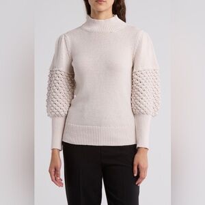 NWT Trina Turk Bellanca Chrochet trim Neutral Cream Knit ballon sleeves Sweater